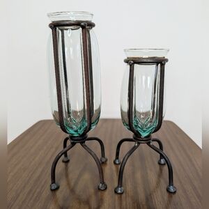 Pair Of Blown Caged Glass & Wrought Iron Metal Footed Vases Industrial Brutalist